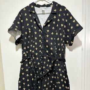 EVA ROSE black cotton blend bee bug print belted button up mod retro mini dress